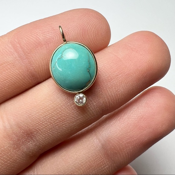 Persian Turquoise Old Mine Cut Diamond Solid 14K Gold Pendant Charm - Picture 4 of 5